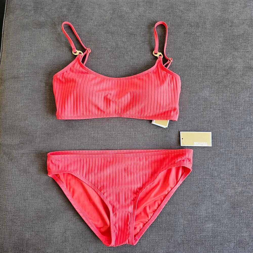 Michael Kors Pink Ribbed Textured Bikini Set Top & Bottom 2PC Swimwear Size XL